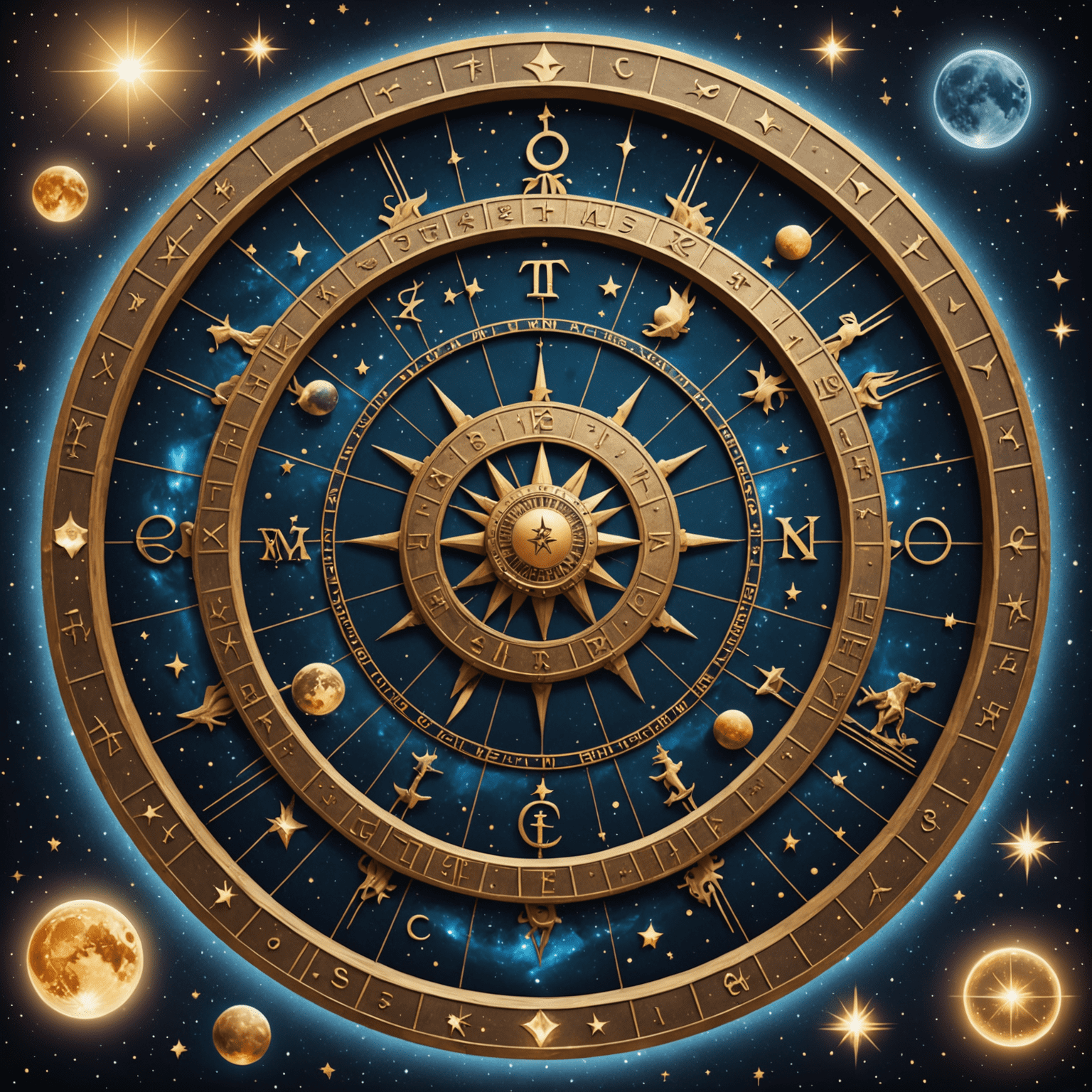 Astroloji çarkı ve Tarot kartları yan yana duruyor. Astroloji çarkında burç sembolleri parlıyor, Tarot kartları ise yıldızlı bir arka plan üzerinde dizilmiş.